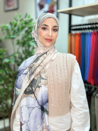 Châle Floral Abstrait - Beige et Bleu