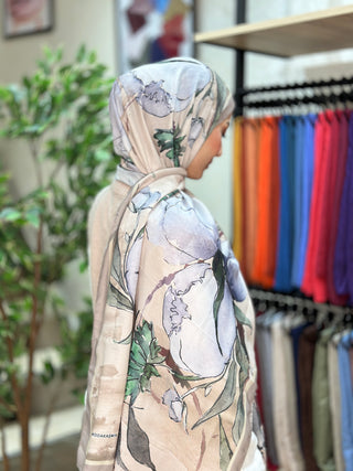 Châle Floral Abstrait - Beige et Bleu