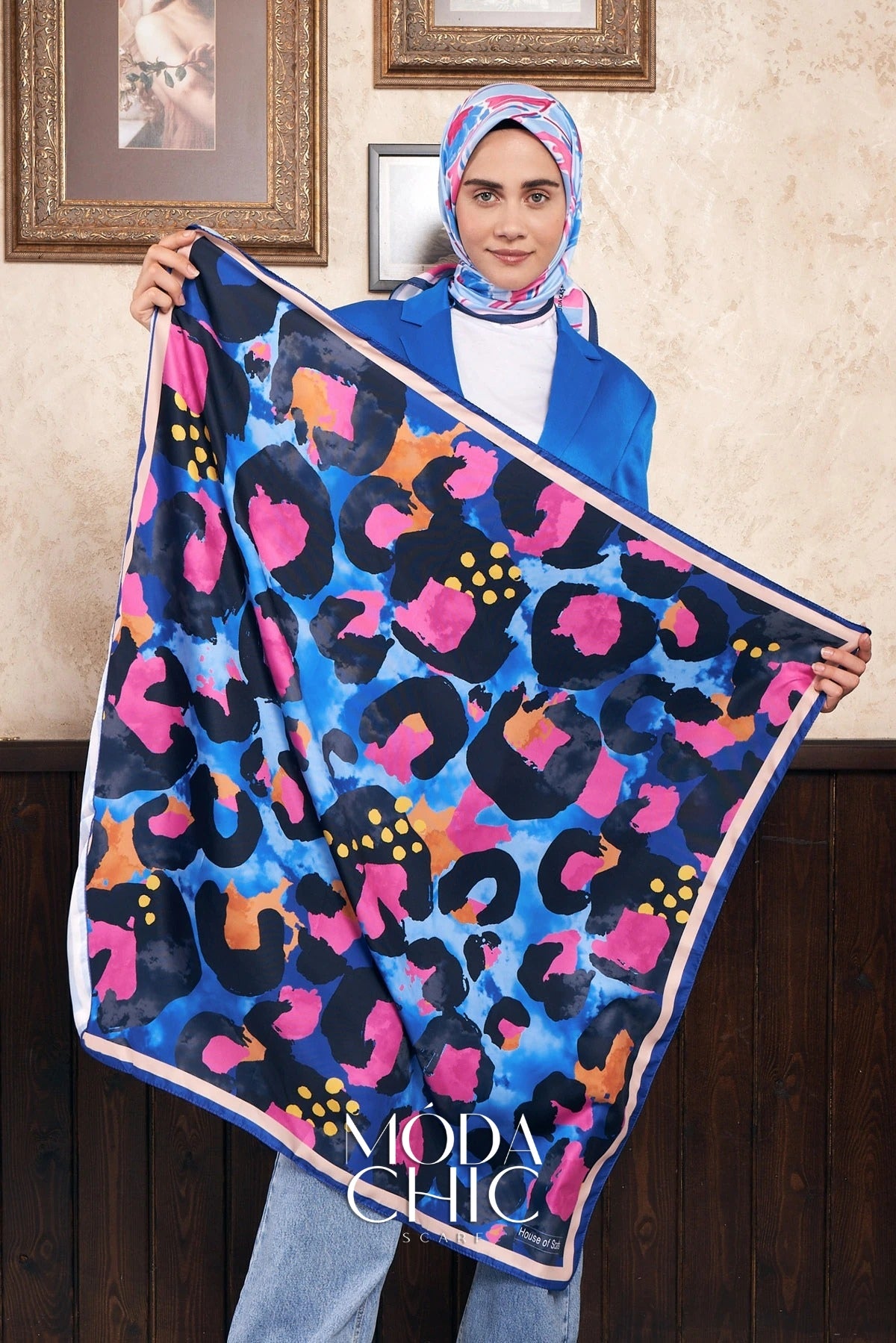 Foulard en sergé léopard - Bleu