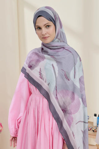 Châle Motif Coquelicot - Gris Beige